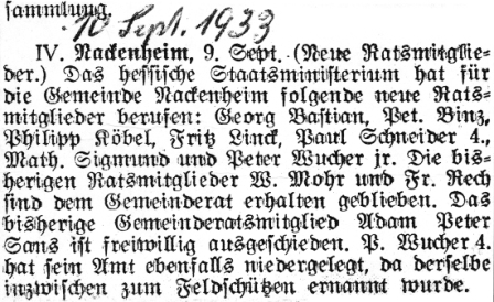 IV. Nackenheim, 9. Sept. (Neue Ratsmitglieder.) Das hessische Staatsministerium hat für die Gemeinde Nackenheimfolgende neue Ratsmitglieder berufen: Georg Bastian, Pet. Binz, Philipp Köbel, Fritz Linck, Paul Schneider 4., Math. Sigmund und Peter Wucher jr. Die bisherigen Ratsmitglieder W. Mohr und Fr. Rech sind dem Gemeinderat erhalten geblieben. Das bisherige Gemeinderatsmitglied Adam Peter Sans ist freiwillig ausgeschieden. P. Wucher 4. hat sein Amt ebenfalls niedergelegt, da derselbe inzwischen zum Feldschützen ernannt wurde.